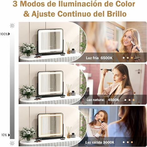  Espejo de mesa – Espejo cosmético de maquillaje redondo  regulable LED, espejo de mesa LED de alta definición con metal, 3 modos de  iluminación de colores, rotación de 360° espejo de