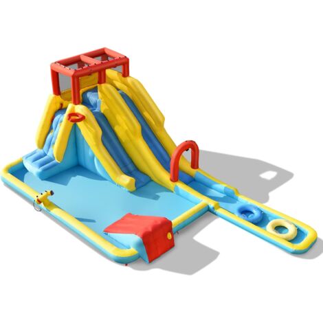 COSTWAY Castillo Hinchable para Niños, Parque Acuático Inflable con Doble Tobogán, Juego de Baloncesto, Pistola de Agua, Pared de Escalada, Incluye Pelota Inflable, Anillos de Natación (sin Soplador)