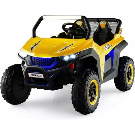 COSTWAY UTV Coche Electrico para Ninos con 2 plazas 12 V Vehiculo Todoterreno Electrico con Control Remoto 2.4G Funcion de Arranque Lento Faros y Luce Musica para Ninos de 3 a 8 Anos Amarillo