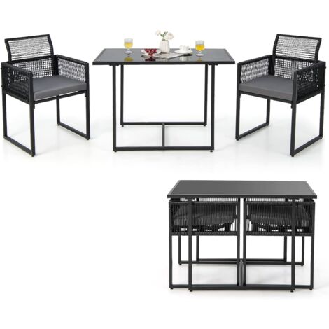 COSTWAY Conjunto Jardin Exterior de 3 Piezas, Conjunto Mesa y sillas Jardin de Ratán PE, Respaldo Plegable, Cojines Extraíbles, Mesa de Cristal Templado, Patio Jardín Terraza (1/5)