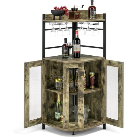 COSTWAY Armario de Esquina de Vino con Portavasos de Vidrio, Armario de Vino Industrial con Puertas de Malla Metálica y Estante Ajustable, Buffet con Kit Antivuelco para Cocina, Comedor, Bistro (1/5)