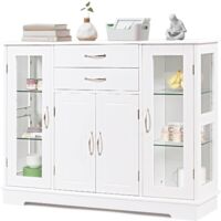 COSTWAY Aparador de Cocina, Armario Auxiliar Aparador con Puertas de Vidrio Templado, Armario Buffet con 2 Cajones 2 Puertas Individuales y 1 Puerta Ventana para Cocina y Salón