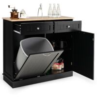 COSTWAY Carrito de Cocina, Armario de Basculante con Soporte para un Contenedor de Basura, Encimera de Madera de Caucho, 2 Cajones, Estante Ajustable, Armario de Reciclaje Independiente (Negro)
