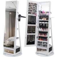 COSTWAY Armario para Joyas, Organizador de Joyas con Luces LED, Armario Joyero con Espejo Entero de Pie Giratorio de 360° Con Cerradura, Estante para Secador y Estantes Traseros (Blanco)