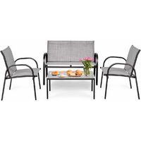 COSTWAY Juego de 4 Piezas de Muebles de Patio con 2 Sillones,1 Banco de 2 Plazas y 1 Mesa de Centro de Hierro y Tela de Malla para Terraza Jardín Exterior (Gris)