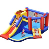 COSTWAY Castillo Inflable Gigante con Tobogán Largo, Piscina con Pelotas, Pared para Escalar, Aro de Baloncesto, Centro Actividad, Ideal para Patio y Fiestas