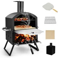 COSTWAY Horno de Pizza 2 Capas, 1860 cm² área de Cocción/Horno de Jardín a Leña con Asas Anti-quemaduras, Patas Plegables, Piedra de Pizza, Cubierta Impermeable