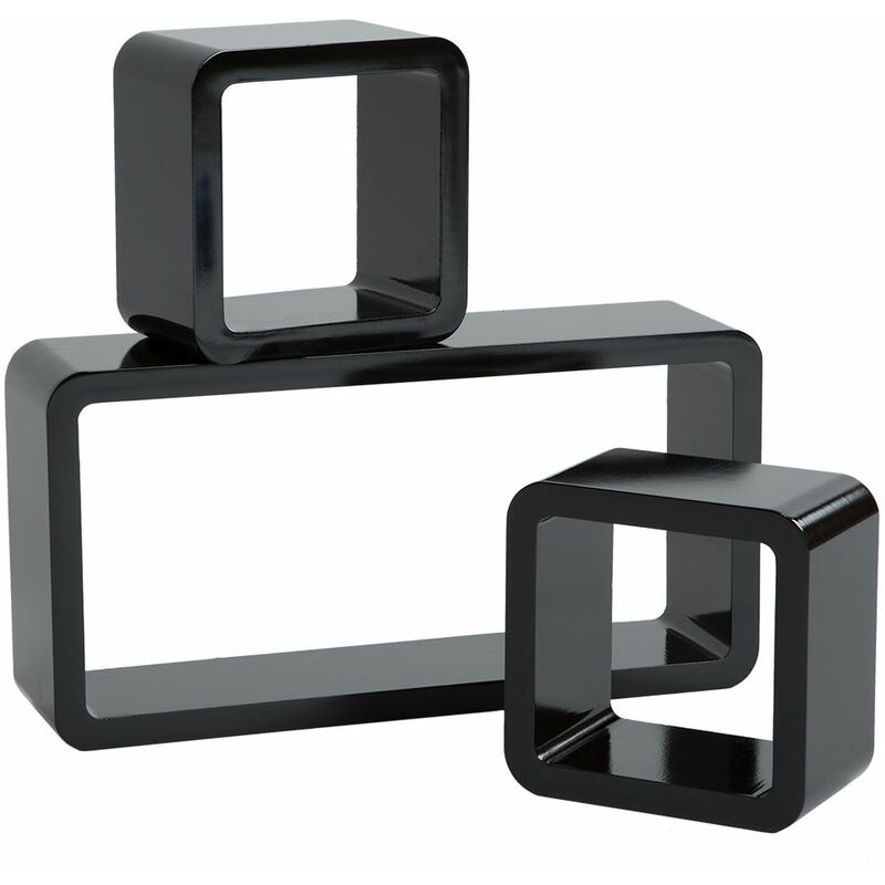 3 Floating Shelves High Gloss Lacquered, Black Wall Mounted Cube Shelves