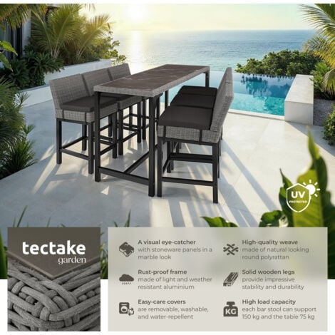 Garden Table and Chairs - dining table Lovas with 6 bar stools Latina - dining table, outdoor table and chairs, garden dining set - grey