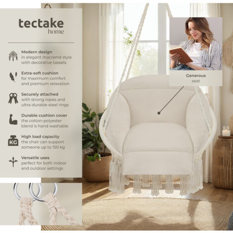 Swing Chair Samira - thick seat cushion, stable ropes for hanging indoor or outdoor - garden chair, swing chair, garden swing chair - beige