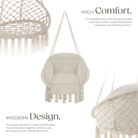Swing Chair Samira - thick seat cushion, stable ropes for hanging indoor or outdoor - garden chair, swing chair, garden swing chair - beige