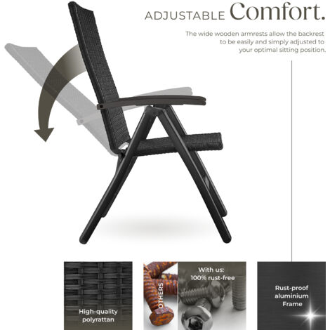 Garden Chair Canberra - 6-step backrest, foldable, weather & UV-resistant - sun lounger, decking chair, reclining garden chair - black