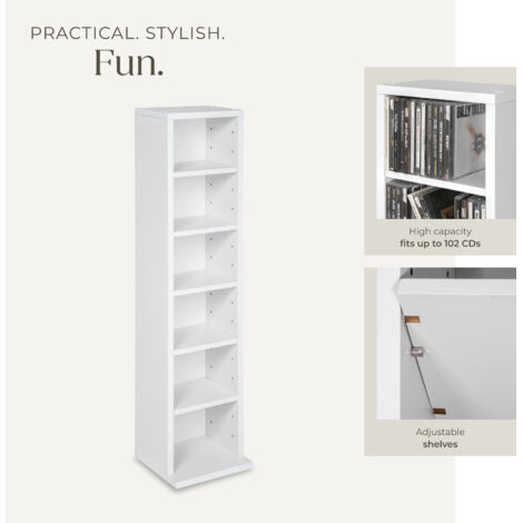 CD DVD Storage Tower Media Display Unit Adjustable Shelves Wood Effect 102 CDs or 27 DVDs - bookcase, shelving unit, storage shelves - white