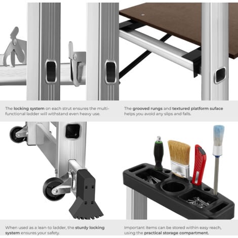 Ladder, Scaffold & Platform 4-in-1 - aluminium, non-slip, stable, with 2 practical wheels - scaffolding, telescopic ladder, ladder