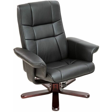 Armchair - with stool, adjustable backrest, rotatable - leather armchair, lounge chair, swivel armchair - black/brown