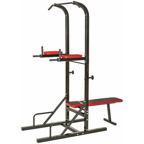 Power tower with pull up bar and weight bench - pull up bar, weight bench, dip station - black