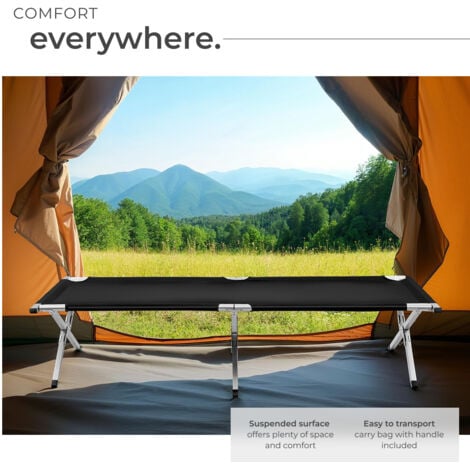 Camp Bed - foldable camping cot, 150 kg load capacity - folding camp bed, single camp bed, camping cot - black