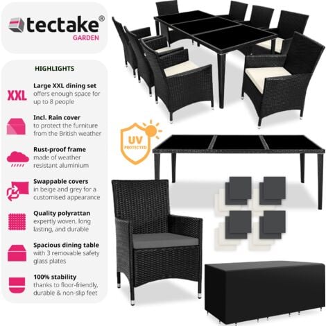 Garden Table and Chairs Menorca - 8 armchairs, dining table, protective cover - garden tables and chairs, garden furniture set, outdoor table and chairs - black