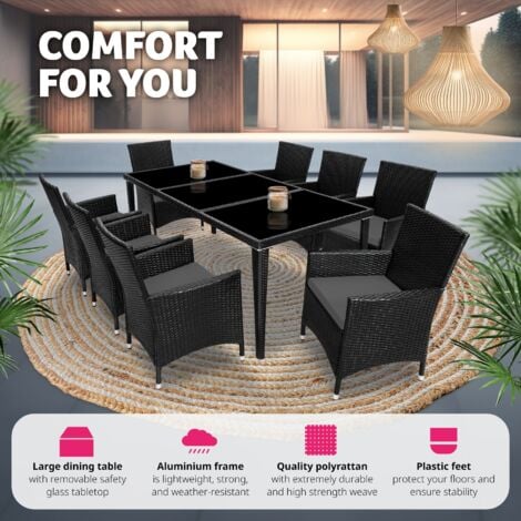 Garden Table and Chairs Menorca - 8 armchairs, dining table, protective cover - garden tables and chairs, garden furniture set, outdoor table and chairs - black