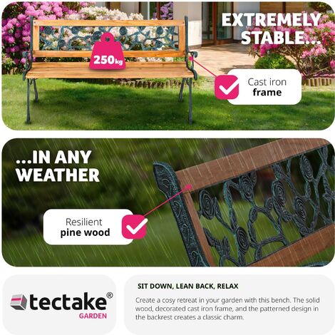 Garden Bench Marina - 2-seater, wood and cast iron, 124 x 52 x 74 cm - wooden bench, wooden garden bench, outdoor bench