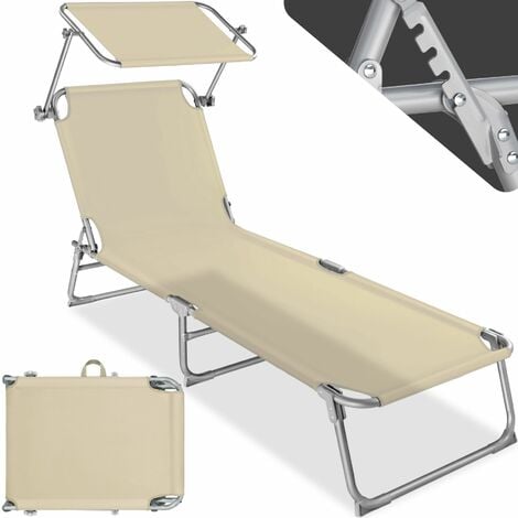 Sun lounger with sun shade - reclining sun lounger, sun chair, foldable sun lounger - beige