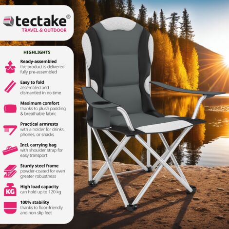 Camping chair - padded seat with carry bag - folding chair, fold up chair, folding camping chair - grey