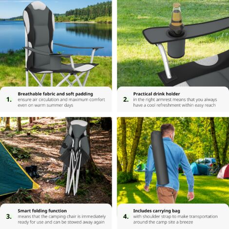 Camping chair - padded seat with carry bag - folding chair, fold up chair, folding camping chair - grey