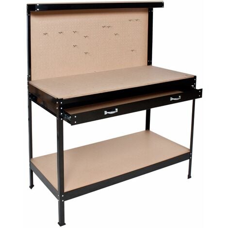 Workbench with pegboard, 2 shelves, 1 large drawer, 12 hooks - woodworking bench, garage workbench, wooden workbench - 120 x 60 x 156 cm