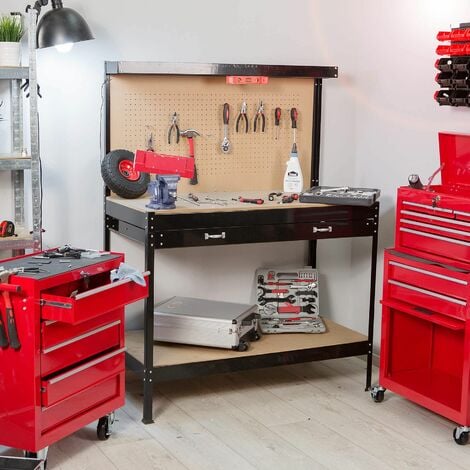 Workbench with pegboard, 2 shelves, 1 large drawer, 12 hooks - woodworking bench, garage workbench, wooden workbench - 120 x 60 x 156 cm