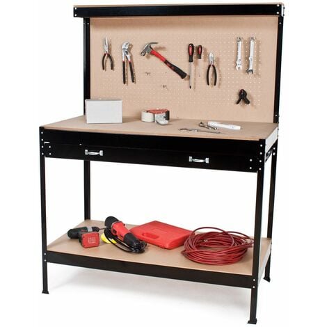 Workbench with pegboard, 2 shelves, 1 large drawer, 12 hooks - woodworking bench, garage workbench, wooden workbench - 120 x 60 x 156 cm
