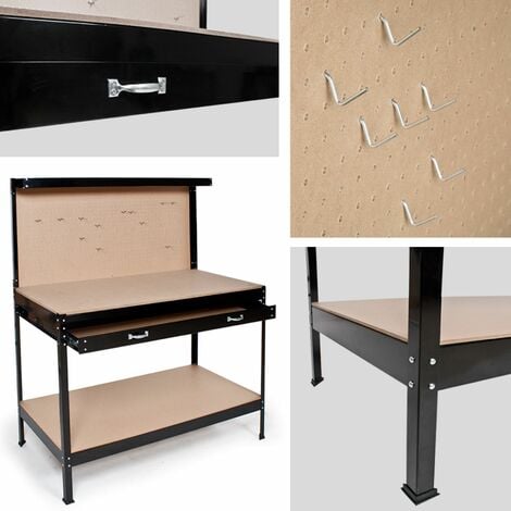 Workbench with pegboard, 2 shelves, 1 large drawer, 12 hooks - woodworking bench, garage workbench, wooden workbench - 120 x 60 x 156 cm