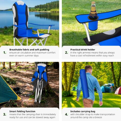Camping Chairs Set of 2 - foldable, padded, with cup holder - folding chair, fold up chair, folding camping chair - blue