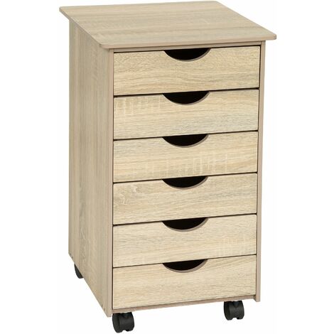 Chest of Drawers - with 6 drawers, made of wood, with 4 wheels, 36 x 40 x 65 cm - small filing cabinet, home filing cabinet, drawer filing cabinet - Wood light, oak Sonoma