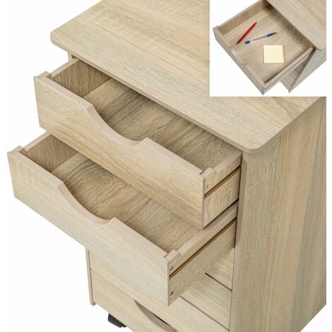 Chest of Drawers - with 6 drawers, made of wood, with 4 wheels, 36 x 40 x 65 cm - small filing cabinet, home filing cabinet, drawer filing cabinet - Wood light, oak Sonoma