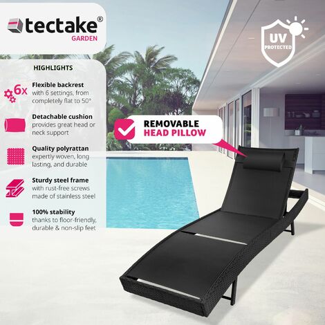 Sun Lounger Delphine - 5-step adjustable backrest, removable headrest - reclining sun lounger, garden lounge chair, sun chair - black