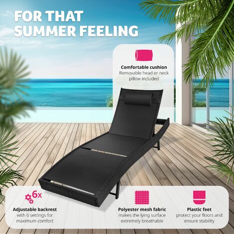 Sun Lounger Delphine - 5-step adjustable backrest, removable headrest - reclining sun lounger, garden lounge chair, sun chair - black
