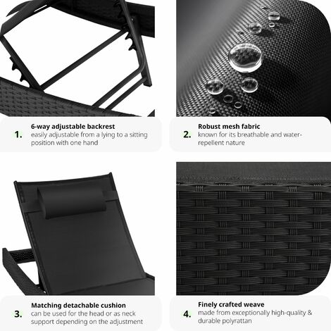 Sun Lounger Delphine - 5-step adjustable backrest, removable headrest - reclining sun lounger, garden lounge chair, sun chair - black