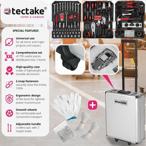 Tool Box - 799 piece tool set including gloves, 3 levels, with wheels - tool box on wheels, tool case, tool trolley
