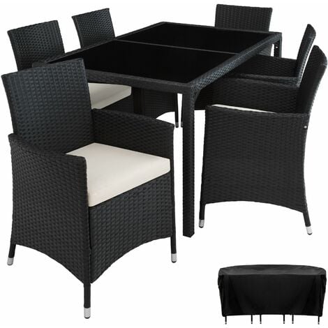 Rattan garden furniture set Lissabon 6+1 with protective cover - garden tables and chairs, garden furniture set, outdoor table and chairs - black