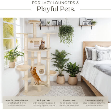 Cat Tree Nelly - 204 cm tall, sisal scratching posts, toy & anti-tip protection - cat scratching post, cat tower, scratching post - beige/white