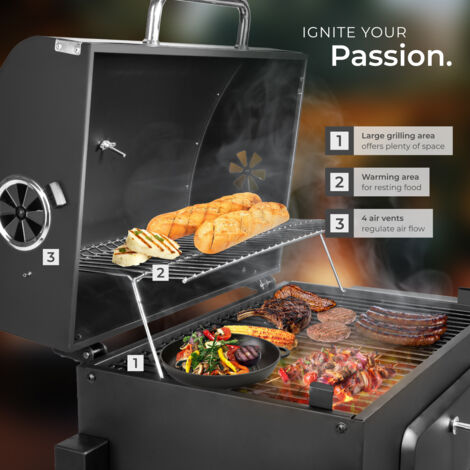 BBQ Florian - with 2 wheels, adjustable air supply and temperature display - charcoal grill, barbecue, charcoal bbq