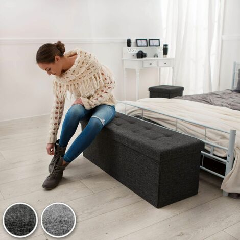 Stool - foldable, padded, polyester, large storage space, 110 x 38 x 38 cm - storage ottoman, shoe storage bench, hallway bench - light grey