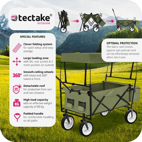 Garden Trolley - foldable, with roof, 3 pockets, transport bag, 80 kg capacity - garden cart, beach trolley, trolley cart - green