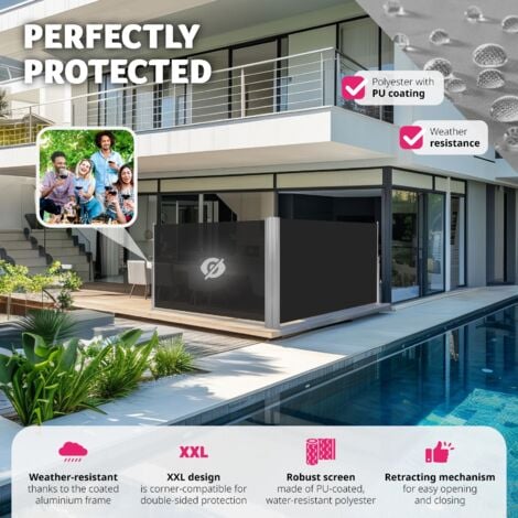 Double-sided garden privacy screen w/ retractable awnings - privacy screen, garden privacy screen, patio awning - 160 x 600 cm black