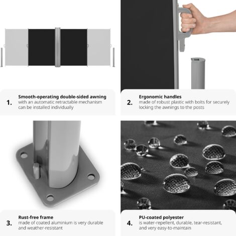 Double-sided garden privacy screen w/ retractable awnings - privacy screen, garden privacy screen, patio awning - 160 x 600 cm black
