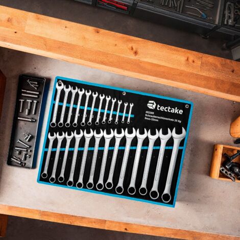 Spanner Set - 25-piece extensive selection, 6 - 32 mm, roll bag with eyelets included - wrench, crowfoot wrench set, ratchet spanner set - black/blue