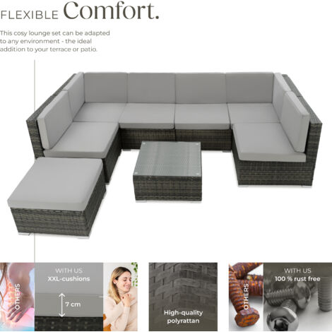 Garden Furniture Venice - set for 6 to 7 people, outdoor sofas, table and stool - garden sofa, garden corner sofa, rattan sofa - grey