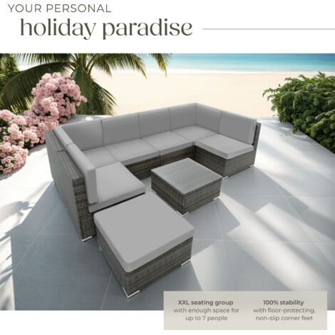 Garden Furniture Venice - set for 6 to 7 people, outdoor sofas, table and stool - garden sofa, garden corner sofa, rattan sofa - grey