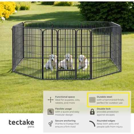 Dog Pen - 8 sections, foldable, door with double locking, ground anchoring possible - dog pen, dog playpen, puppy pen - 100 cm