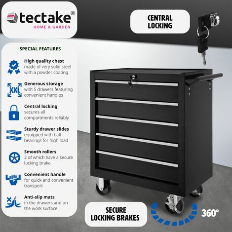 Tool Box - with wheels, 5 drawers, central locking system - tool box, tool box on wheels, tool cabinet - black